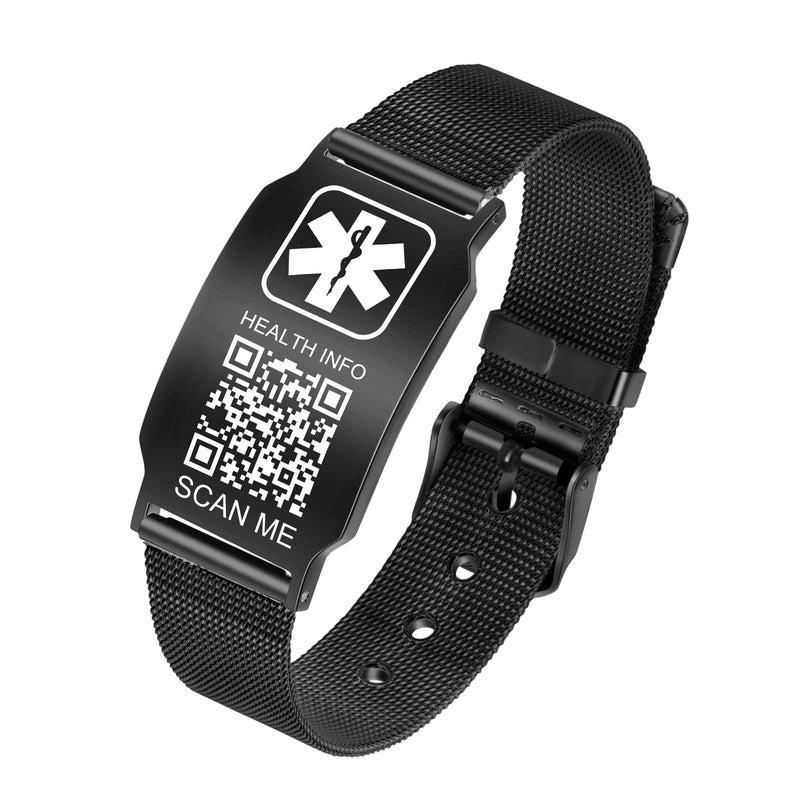 [Australia] - Upgraded Medical Bracelets Men Women with QR Code Medical Alert ID Bracelets - Titanium Steel Wristband Fits Wrists Up 8''-10'' - More Space Custom Emergency Medical ID Info 9.84'' Stainless Steel Mesh Watch Band - Black 