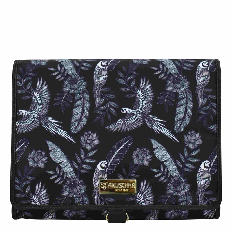 Anuschka Hanging Travel Organizer - Wanderlust Collection - Nylon Fabric with Genuine Leather Trim and Artwork Print Jungle Macaws
