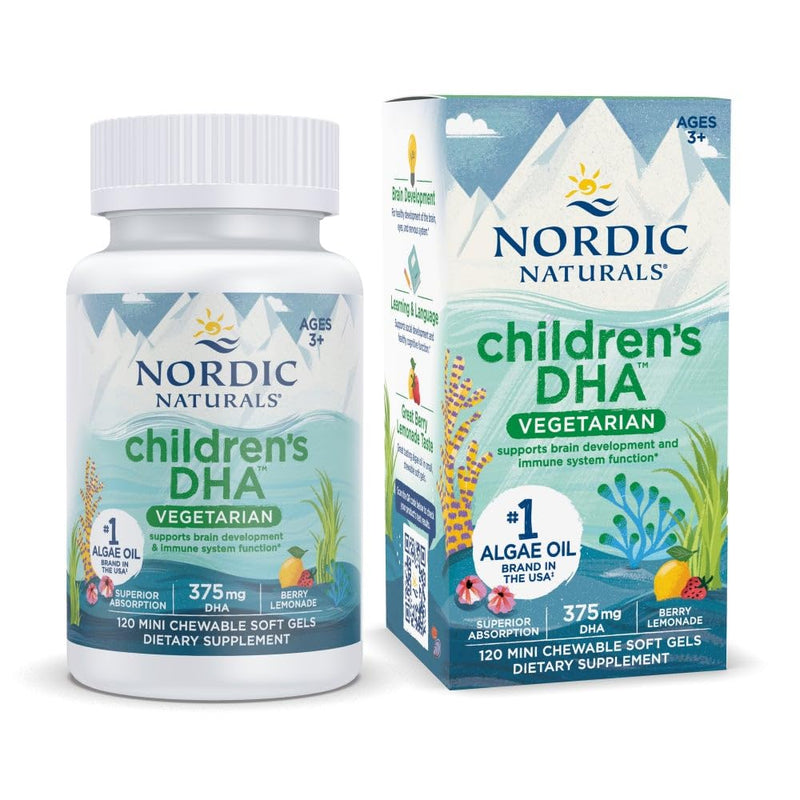 [Australia] - Nordic Naturals Children's DHA Vegetarian - Kids DHA Omega-3 Supplement -Algae Oil - Berry Lemonade Mini Chewables - Plant-Based Formula for Ages 3+ - 120 Soft Gels - 40 Servings 