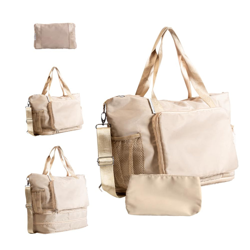 Large Travel Bag - Foldable & Expandable Carry-On Bag with Shoe Compartment, Water Bottle Pocket, Luggage Sleeve, Cosmetic Case Beige