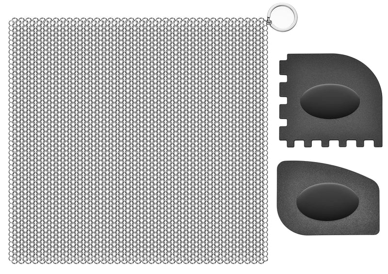 [Australia] - SUBEKYU ANTI-SCRATCH Cast Iron Scrubber with Pan and Grill Scrapers, 316 Stainless Steel Chain Mail Scrubber Cast Iron Cleaner, Metal Cleaning Kit Tools Include Chainmail Scrubber, 6"x6" Silvery+black 6"x6" 
