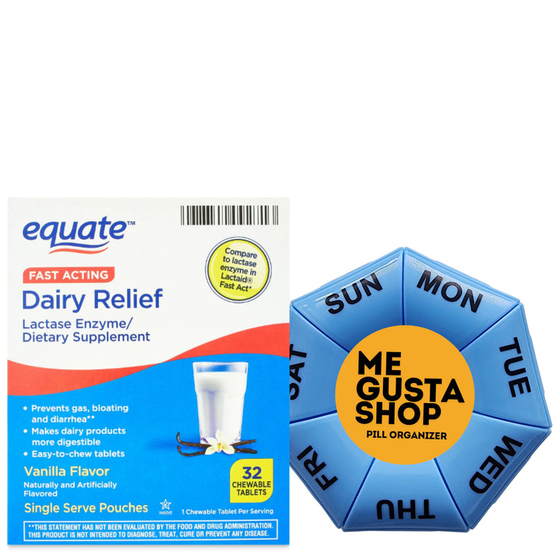 [Australia] - Equate Fast Acting Dairy Relief Lactase Enzyme Dietary Supplement Vanilla Flavor chewables Tablets 32 Count Includes Pill Organizer 