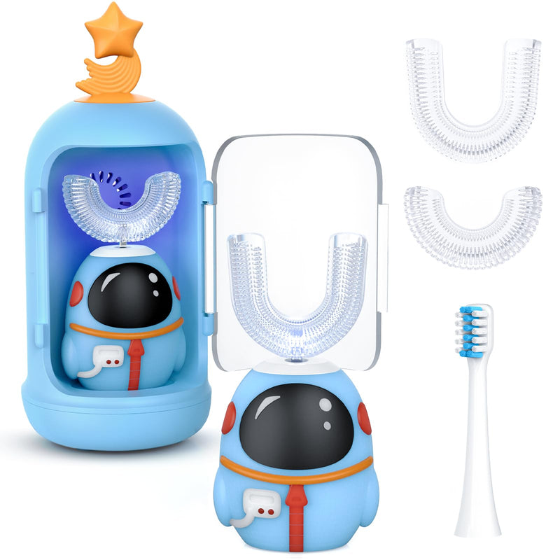 [Australia] - FTOYIN Kids Electric Toothbrush with 3 Brush Heads, U Shaped Ultrasonic Toothbrush Kids with 5 Modes, 45s Smart Reminder, 360-Degree Automatic Cleaning, IPX7 Waterproof Design for Ages 2-12 Blue 1 Count (Pack of 1) 
