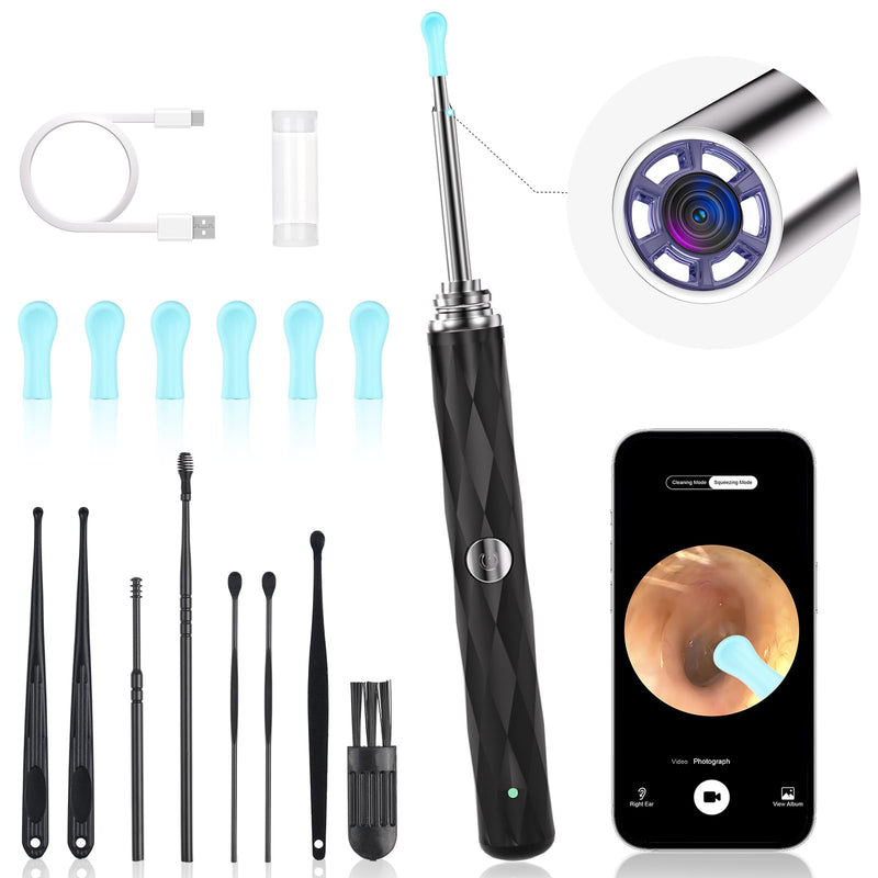 [Australia] - High-Definition Ear Wax Removal, Wireless Ear Cleaner, Safe and Gentle Ear Wax Removal Kit, Rechargeable Ear Cleaner with Camera and Light, Ear Cleaning Kit for Android and iOS (Black) Black 
