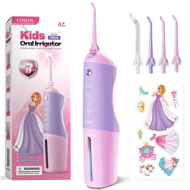 [Australia] - COSLUS Kids Water Dental Flosser Deep Cleaning Picks, Portable, 4 Modes for Ages 6+ Safe Waterproof Flosser Rechargeable with 4 Jet Tips for Gums Care F5023 Pink Purple 