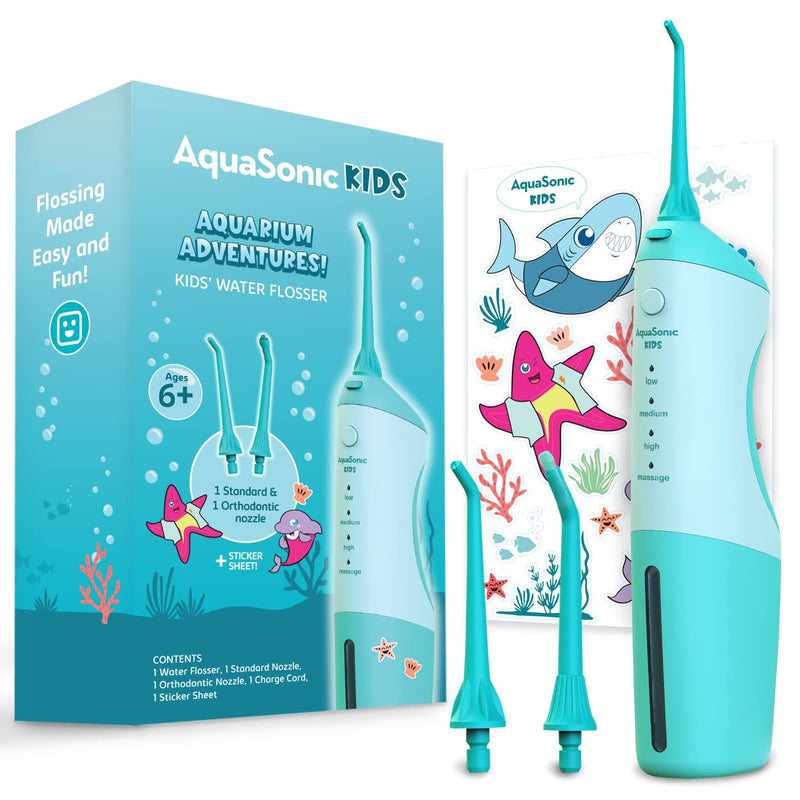 [Australia] - AquaSonic Kids' Water Flosser for Ages 6+ | Standard Nozzle, Orthodontic Nozzle & Waterproof Stickers | 4 Flossing Modes | Aquarium Adventures Theme (Blue) Blue 