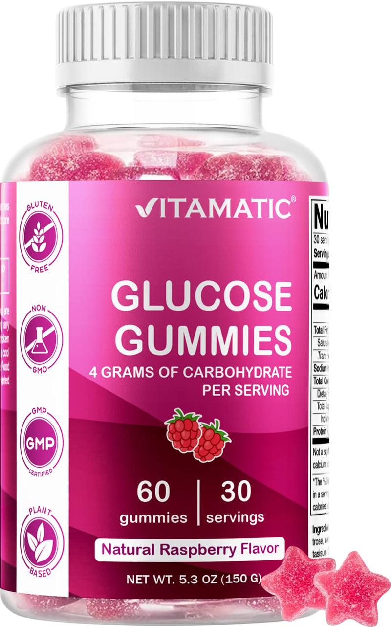 [Australia] - Vitamatic Glucose Chweble Gummies - 60 Count - Natural Raspberry Flavor - 4G of Carbohydrate per Serving (1 Bottle) 1 Bottle 