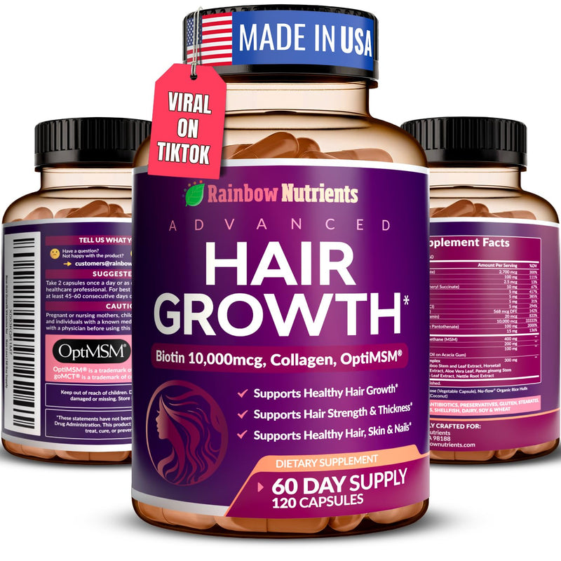 Hair Growth Vitamins for Women | Biotin 10,000mcg, Collagen, Patented OptiMSM®, goMCT®, Saw Palmetto | Naturally Supports Stronger & Healthier Hair, Skin and Nails |Non GMO + Made in USA|60 Day Supply 120 Count (Pack of 1)