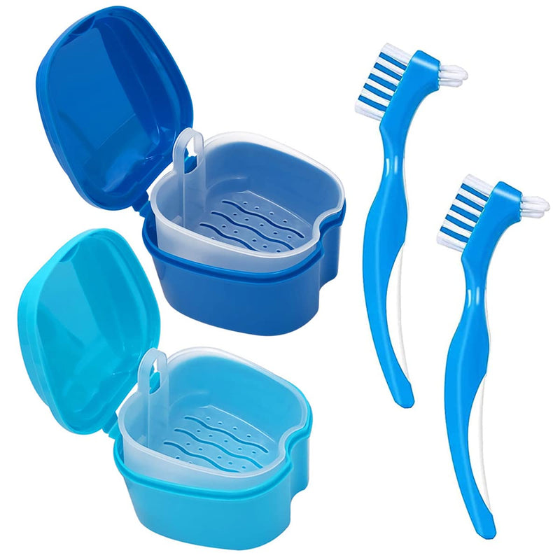 [Australia] - Denture Cleaner Box and Brush Set - 2 Pack Denture Bath Case with Basket + 2 Pack Denture Brush, Portable Denture Retainer Storage Box, False Teeth Brushes for Oral Care (Light and dark blue) Light and dark blue 