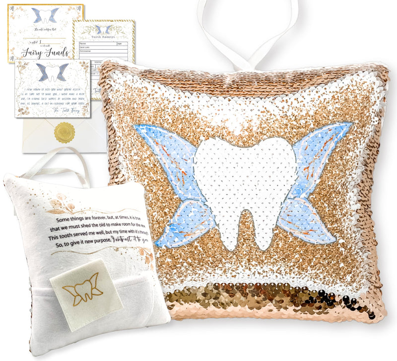 [Australia] - Tooth Fairy Pillow Kit for Girls and Boys - Tooth Fairy Evidence Kit with Tooth Fairy Bag - Multi Color Reversible Sequin and Large Pocket - Tooth Pillow with Letter & 2 Customizable Certificates Rose/Champagne 