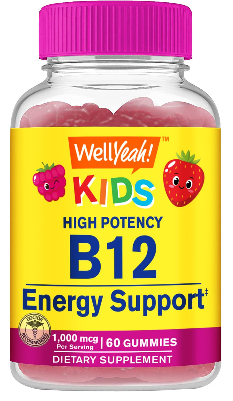 WellYeah Vitamin B12 Gummies for Kids - Boost Energy, Improve Brain Function, and Strengthen Immune System - Non-GMO, Gluten-Free - Great Tasting Berry Flavor - Easy to Chew - 60 Gummies 60 Count (Pack of 1)