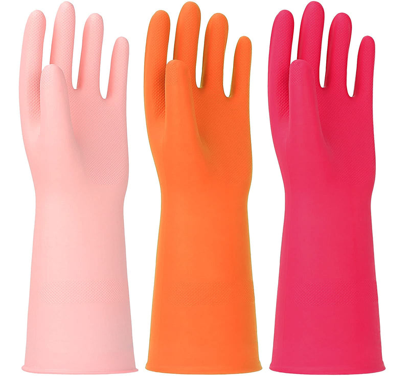 [Australia] - 3 Pairs Rubber Cleaning Gloves Latex Free Dishwashing Gloves - 13" Reusable Nitrile Gloves Medium, Orange+Pink+Red 