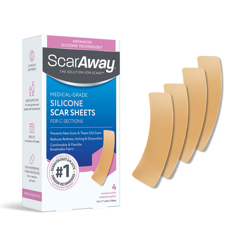 [Australia] - ScarAway Advanced Silicone Scar Sheets for C-Section, Reusable Sheets (1.5” x 7”) for Hypertrophic and Keloid Scars from C-Section & Other Surgeries, 4 Sheets 