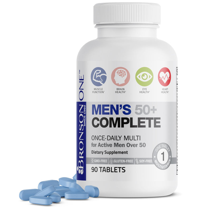 Bronson ONE Daily Mens 50+ Complete Multivitamin Multimineral, 90 Tablets | Once-Daily, Targeted Nutrition For Active Men Over 50, Non-GMO, Gluten-Free, Soy-Free 90 Count (Pack of 1)