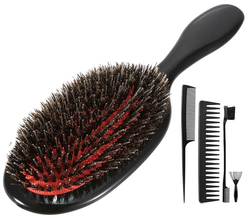 ﻿Boar Bristle Detangling Paddle Hair Brush and Comb Set for Women Men, Anti-frizz Styling Hairbrush for Curly Fine Wavy Natural Tangled Hair, Boar Nylon Bristle Cushioned Brush 1.0