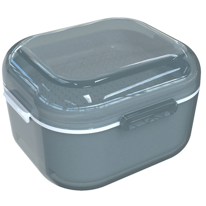 [Australia] - ARGOMAX Denture Case, Denture Cup for Soaking Dentures, Thorough Cleaning of Dentures, Retainer, Mouthguards, Clear Braces (Grey). Grey Clear Case + White Filter and Tray 