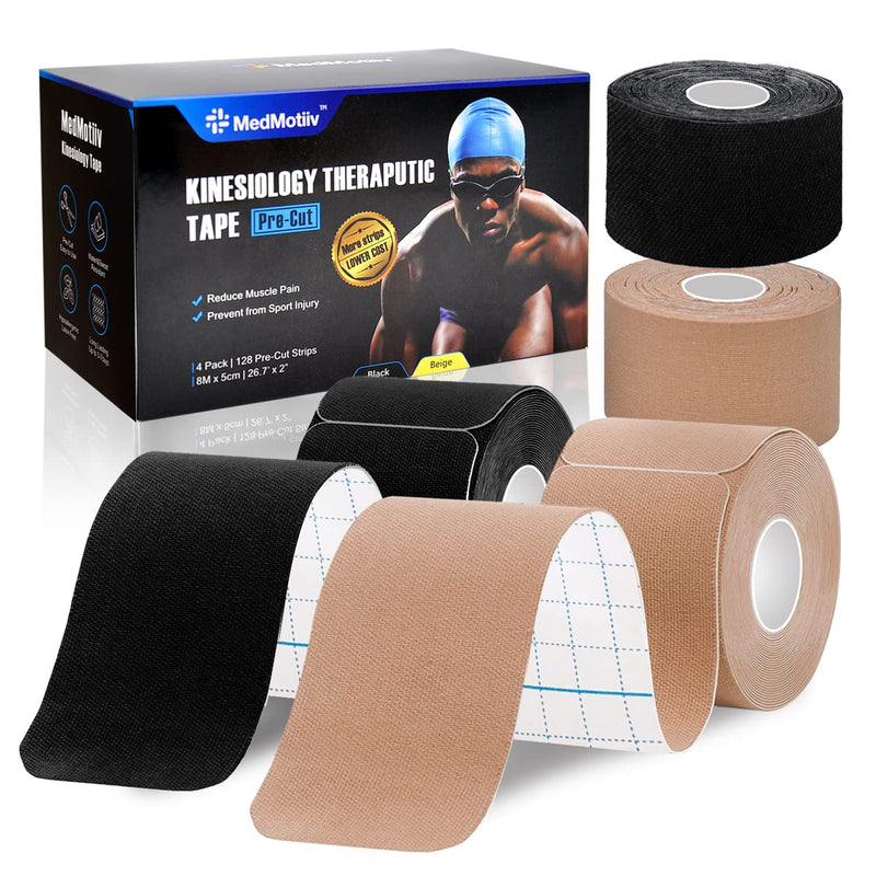 [Australia] - Elastic Kinesiology Therapeutic Athletic Tape, Up to 128 Pre-Cut Strips, 2*Black Plus 2*Beige Pack, Long Lasting, Water and Sweat Proof, Latex Free, Muscle Pain Relieve and Joint Support 