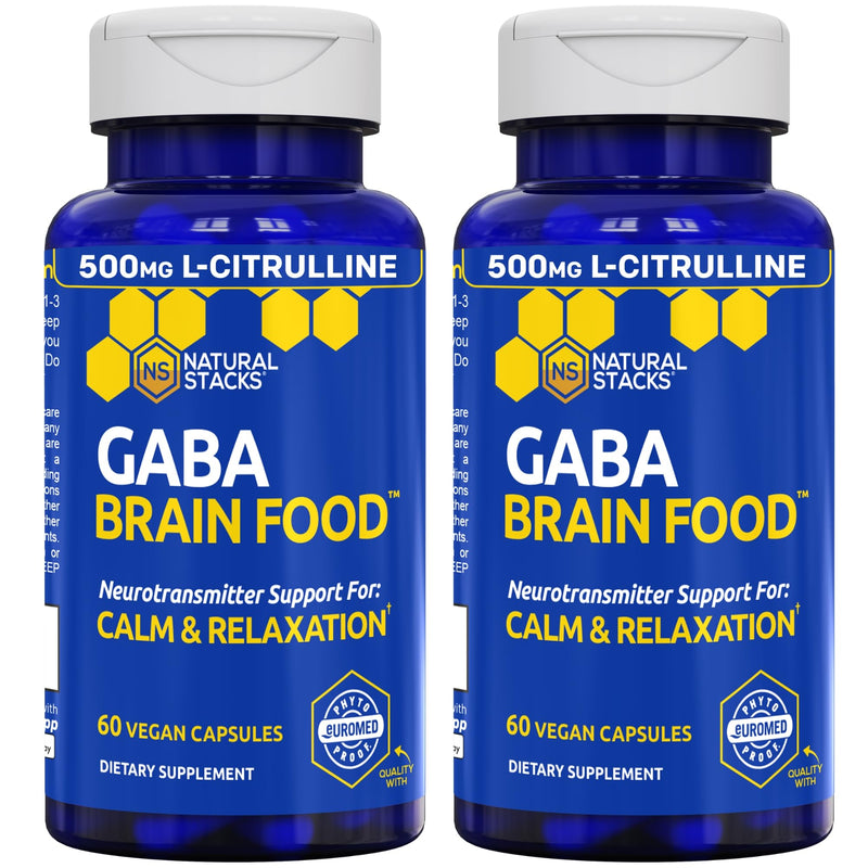 GABA Brain Food, Sleep & Relaxation Support with L-Citrulline, 120 Count | 633mg Gamma Aminobutyric Acid Supplement with Grape Seed Extract - Supports Sleep Function & Mood - Natural Stacks 60 Count (Pack of 2)