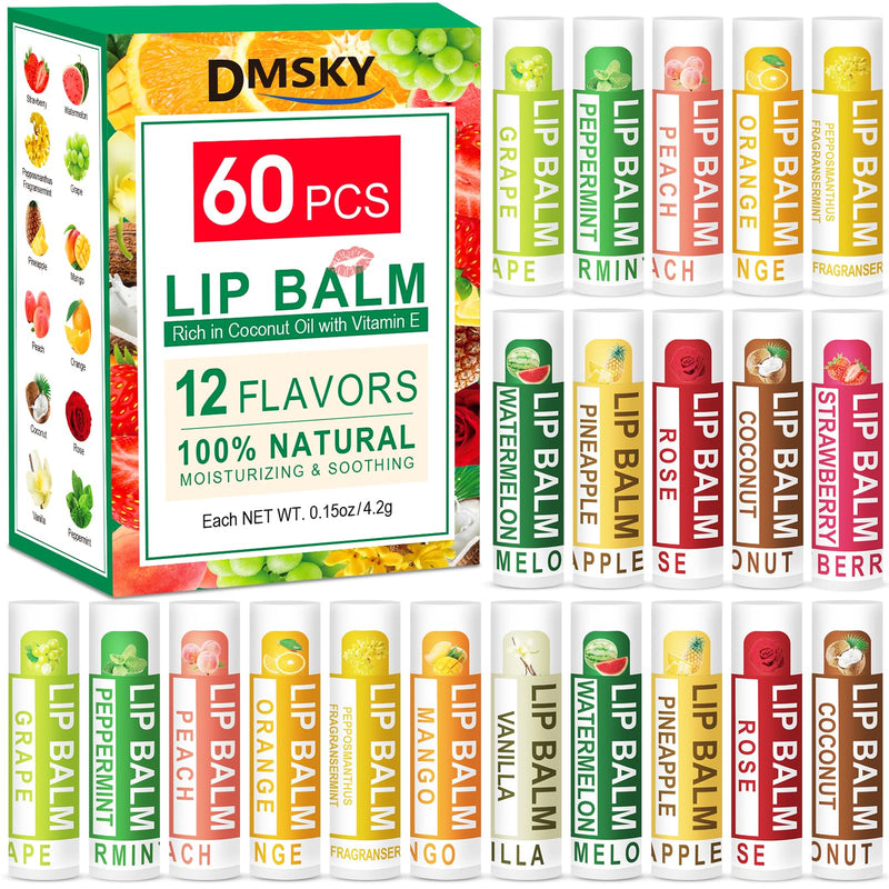 DMSKY 60 Pack Lip Balm Bulk, 12 Flavor, Value Pack | Hydrating with Vitamin E and Coconut Oil, Lip Care Product for Dry Chapped Lips, Bulk Gift for Stocking Stuffers E-60P