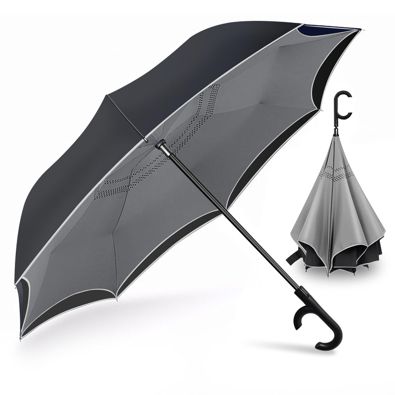 Dlin Inverted Reverse Windproof Umbrella,Upside Down Umbrella with C-Shaped Handle,Anti-UV Windproof Rain Double Layer Stick Umbrella for Women and Men. Grey