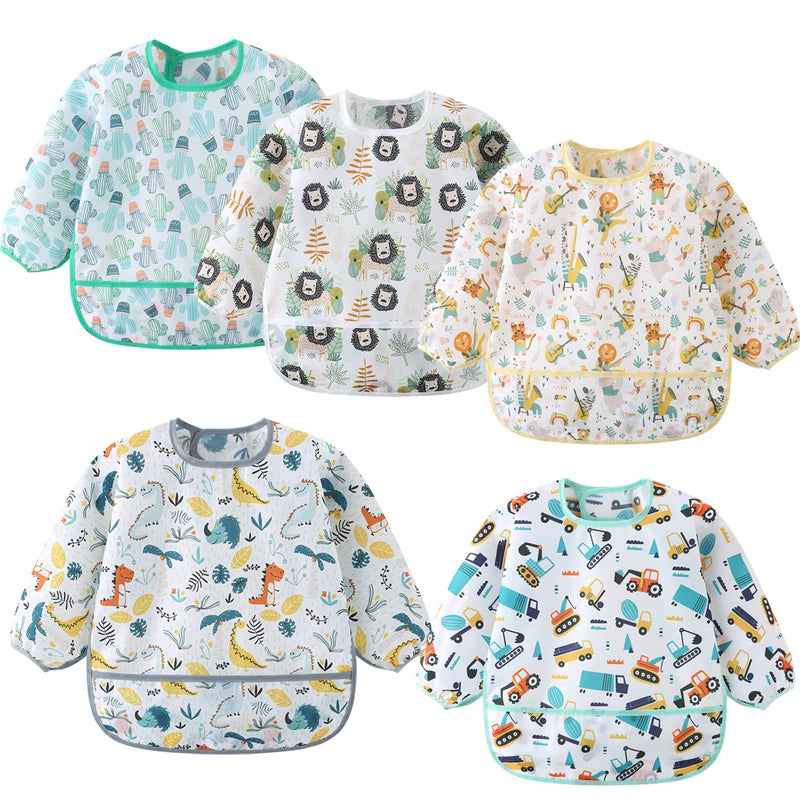 [Australia] - 5 Pack Long Sleeve Bib,Baby Toddler Waterproof Sleeved Bib for 6-30 Months Reusable with Catch-all Pocket Dino/Digger/Lion/Cactus/Animal 
