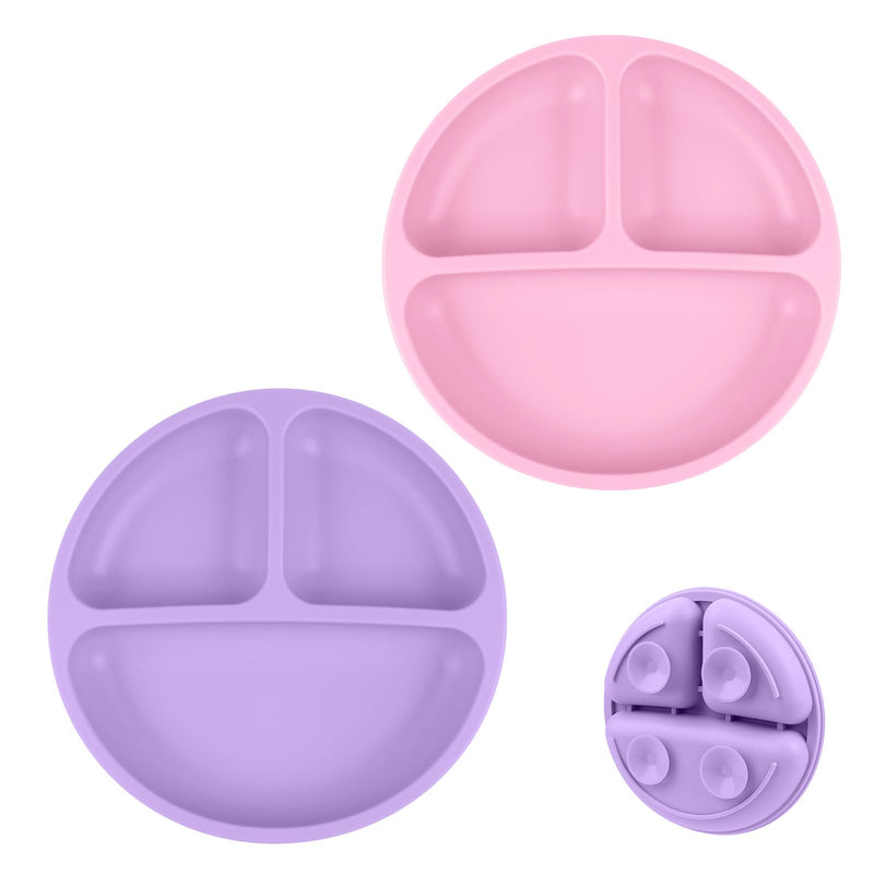 [Australia] - Vicloon Suction Plates, 2 Pcs Baby Toddler Plate Silicone, BPA Free Divided Plate, Divided Plate Design,Silicone Grip Dish Microwave & Dishwasher Safe pink & dark purple*2PCS 
