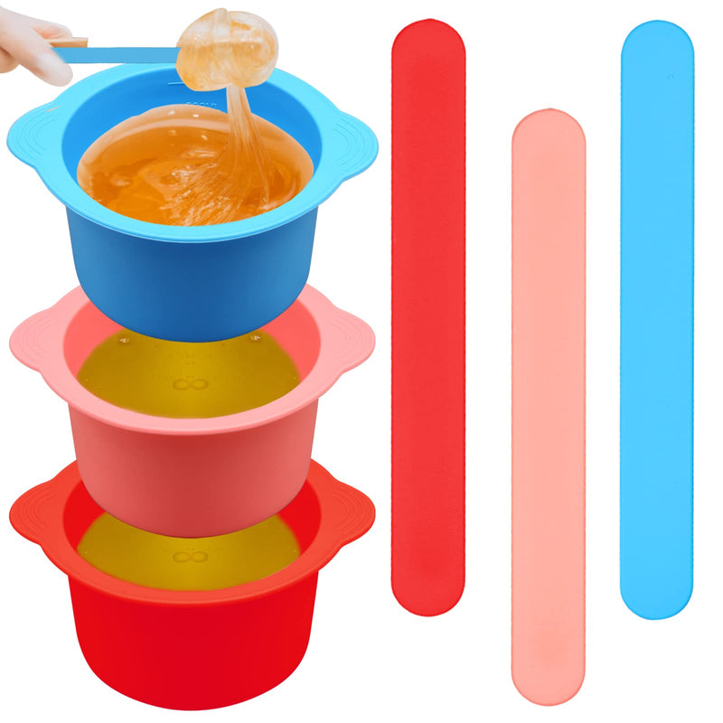 3Pcs Non-Stick Silicone Wax Melt Liners with Wax Sticks, Reusable Bowl for Wax Warmer and Hair Removal, 14Oz Red Pink Blue