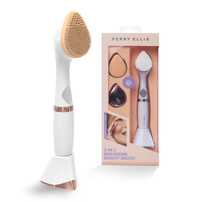 Perry Ellis 3-in-1 Beauty Brush with Silicone Face Cleanser, Makeup Applicator, and Metallic Eye-Massaging Plate, IPX6 Water-Resistant Electric Skincare Accessory with 3 Vibrating Modes and Stand