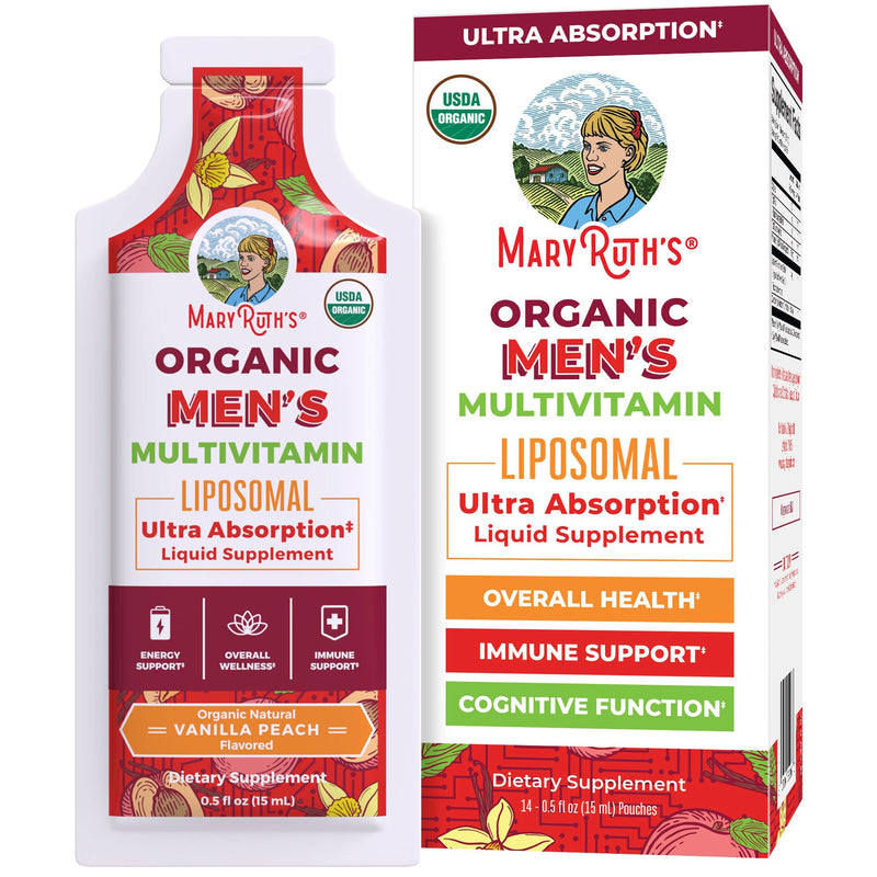 MaryRuth Organics Multivitamin for Men | USDA Organic | Sugar Free Mens Multivitamin Liposomal | Liquid Vitamins for Men | Immune Support Supplement & Overall Wellness | Vegan | 14-0.5 Fl Oz Pouches | 0.5 Fl Oz