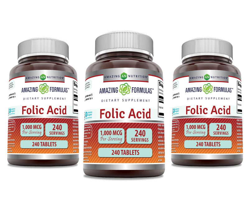 Amazing Formulas Folic Acid 1000 mcg (1 mg) Tablets Supplement | Vitamin B9 | Non-GMO | Gluten Free | Made in USA (240 Count | 3 Pack) Unflavored - 240 Count | 3 Pack