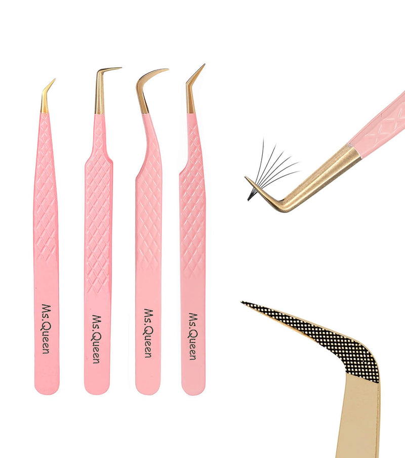 [Australia] - Ms.Queen Lash Tweezers Set,Professional 4Pcs 45 90 Degree Curved and Isolation Lash Tweezers for Eyelash Extensions 4PCS SET M018b4 