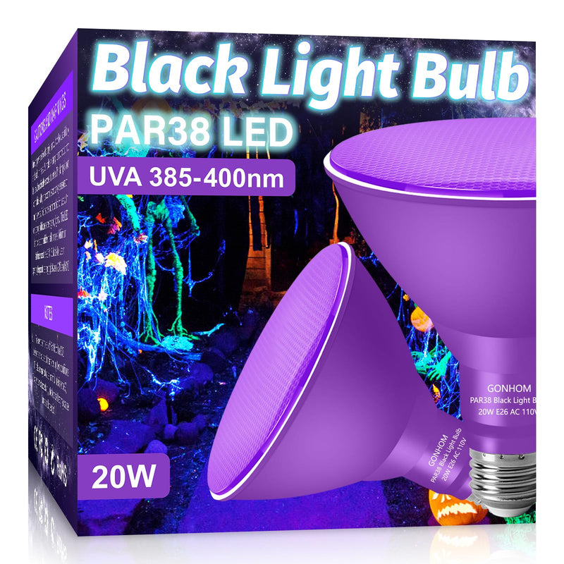 [Australia] - 2 Pack Par38 Black Light Bulbs Outdoor,20W Black Flood Light Replace to 200W,E26 Base BlackLight Bulbs Outdoor for Halloween Light Bulbs,Christmas Party Decor,Home Lighting Uv 2 Pack 