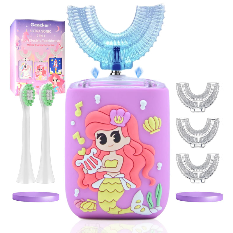 [Australia] - Kids Electric Toothbrush, U Shaped Toothbrush Kids Sonic Automatic Brush with 5 Brush Head 6 Sonic Clean Modes IPX7 Waterproof Mermaid Design Rechargeable Smart Timer for Children 2-7 Mermaid (Ages 2-7) 