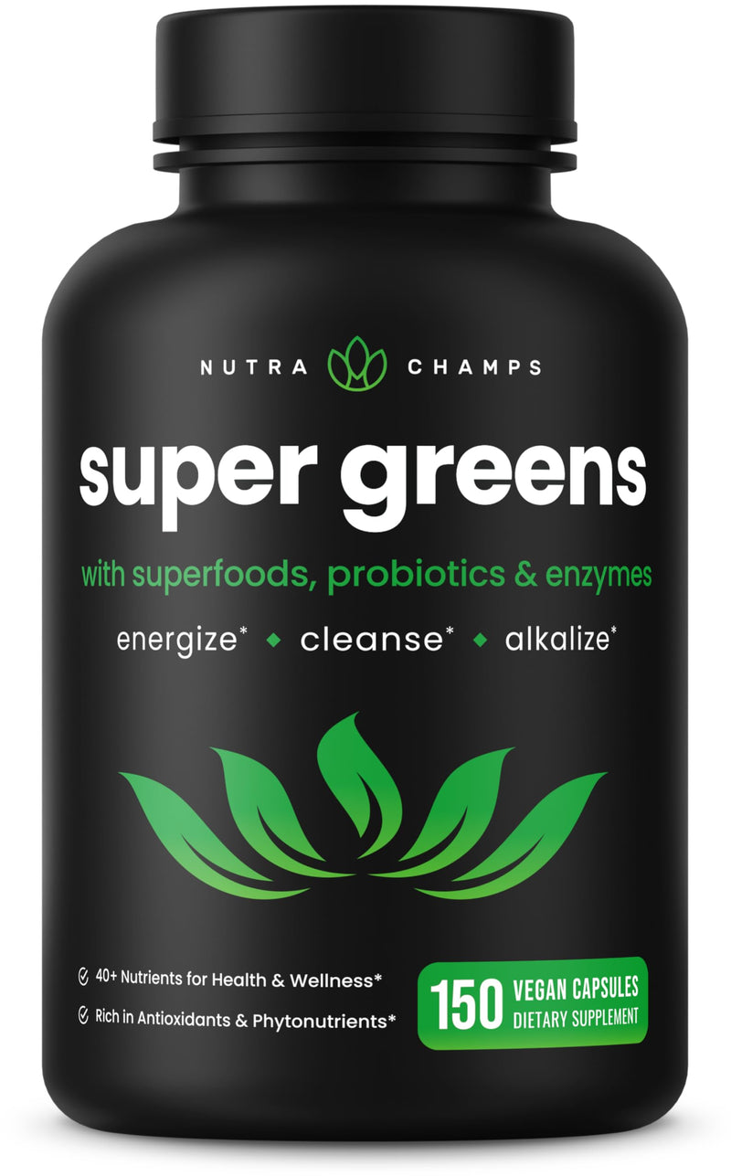 [Australia] - NutraChamps Organic Super Greens Capsules - Alfalfa, Spirulina, Chlorella & More - Antioxidant, Digestive Enzyme & Probiotic Blends - 150 Green Superfood Capsules 