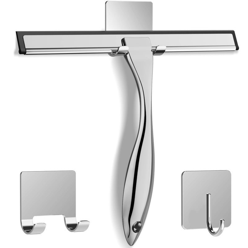 [Australia] - All-Purpose Stainless Steel Shower Squeegee for Shower Glass Door with 2 Adhesive Hooks, Bathroom Cleaner Tool Household Window Mirror Squeegee , Cleaning Tile Wall, Car, 10 Inch Silver 10-Inch 