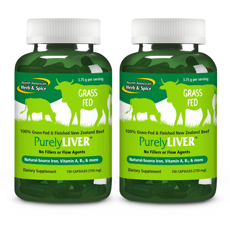 NORTH AMERICAN HERB & SPICE PurelyLiver - 150 Capsules, Pack of 2 - 100% Grass-Fed, Finished New Zealand Beef with Vitamin A, B12 & Iron - 60 Total Servings 150 Count (Pack of 2)