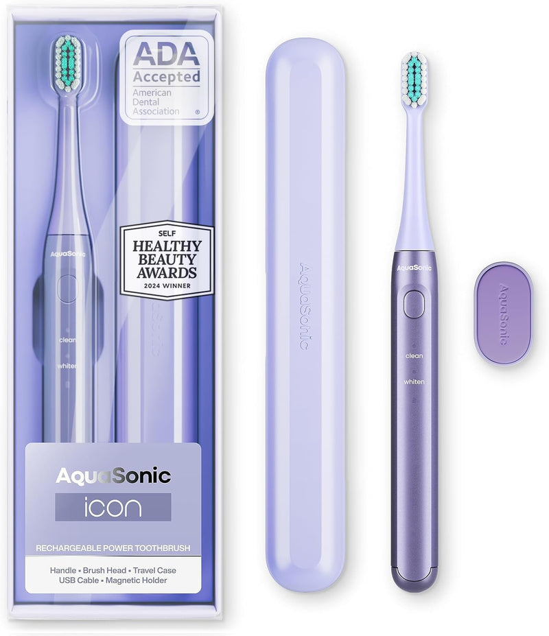 [Australia] - Aquasonic Icon ADA-Accepted Rechargeable Toothbrush | Magnetic Holder & Slim Travel Case | 2 Brushing Modes & Smart Timers | Gentle Micro-Vibrations (Lilac) Lilac 1 Count (Pack of 1) 