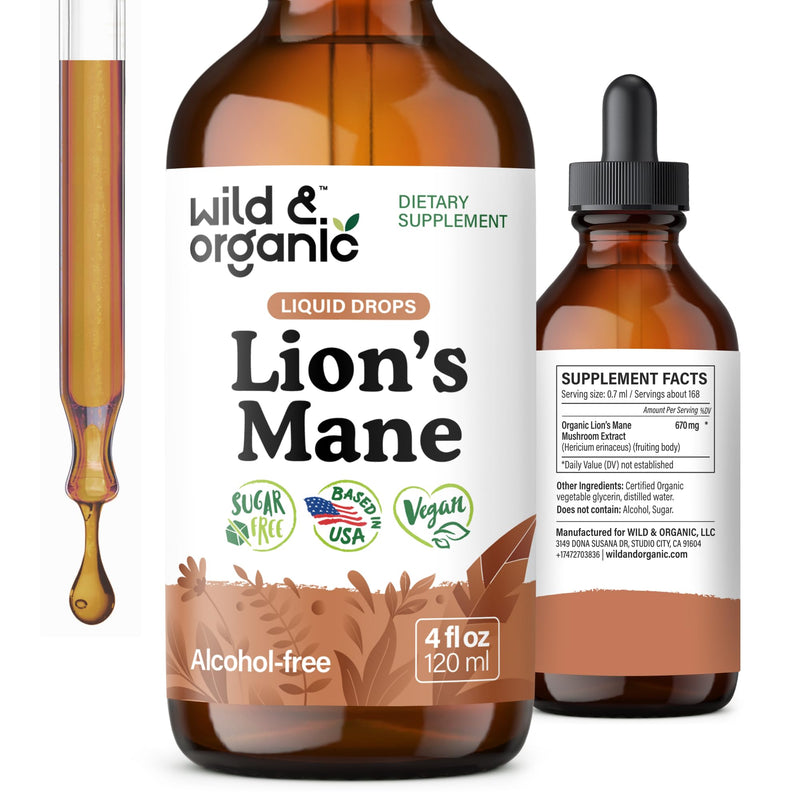 [Australia] - Wild & Organic Lions Mane Liquid Drops - Brain & Focus Support - Lion's Mane Mushroom Supplement - Hericium Erinaceus Mushroom Drops - Vegan, Sugar & Alcohol-Free Extract Tincture - 4 fl oz 4 Fl Oz (Pack of 1) 