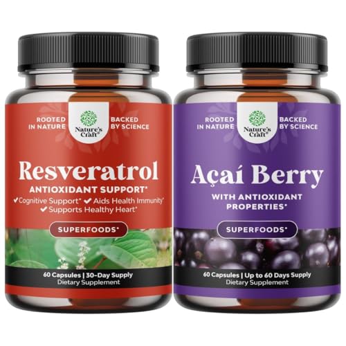 Bundle of Resveratrol Capsules with AMPK Metabolic Activator for Metabolism Boost & Cellular Efficiency and Acai Berry Antioxidant Support for Women & Men for Immune System and Cognitive Health