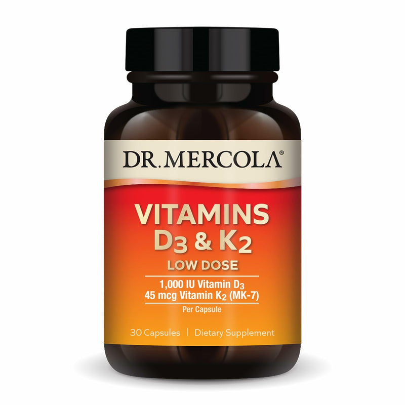 Dr. Mercola Vitamins D3 & K2 Low Dose, 30 Capsules (30 Servings) | Maintain Vitamin D Levels, Supports Immune and Bone Health, MenaQ7 Chickpea-Sourced K2, Non-GMO, Gluten-Free, and Soy-Free 30 Count (Pack of 1)