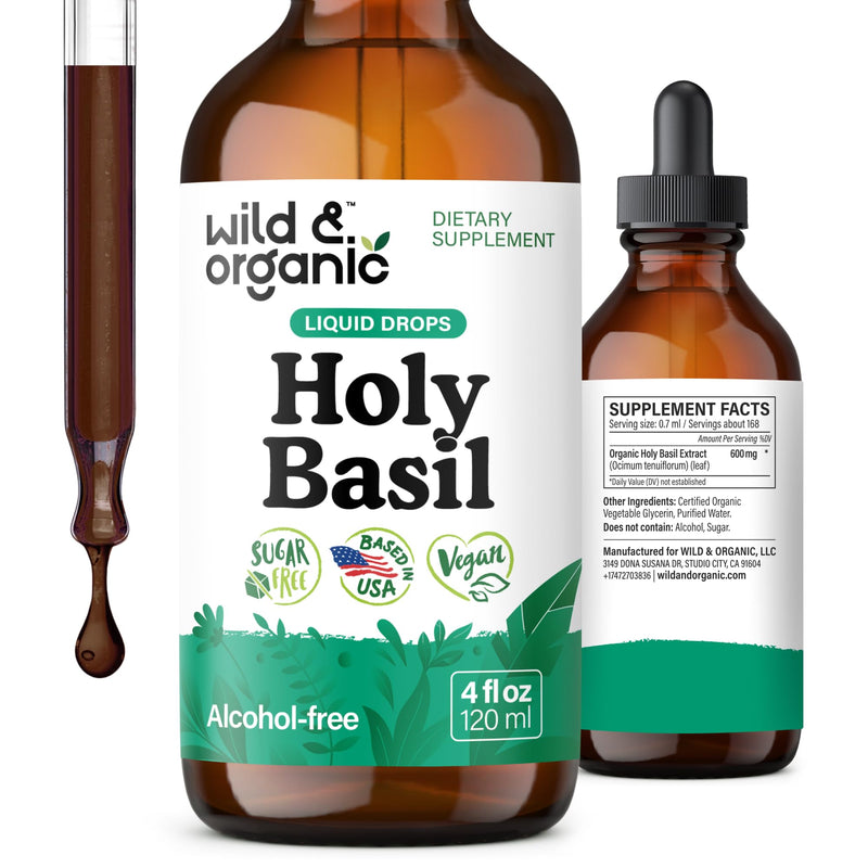 [Australia] - Wild & Organic Holy Basil Tincture - Relaxation & Calmness Support - Liquid Holy Basil Leaf Supplement - Tulsi Drops - Vegan, Sugar & Alcohol-Free Extract - 4 fl oz 4 Fl Oz (Pack of 1) 