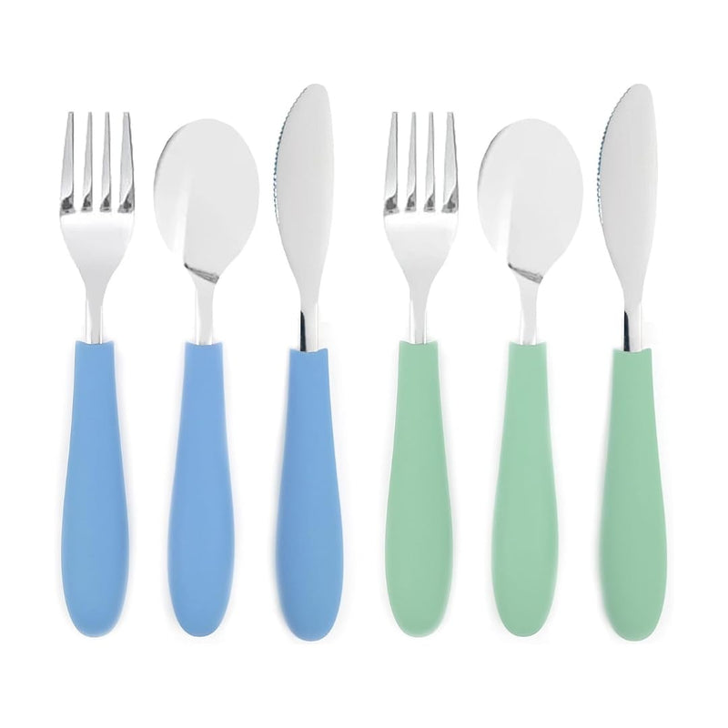 [Australia] - Elk and Friends Kids Silverware with Silicone Handle | Childrens Safe Flatware | Kids Utensils | Spoon + Fork + Knife set | 4 years+ | 6 Pieces Sage/MistyBlue 
