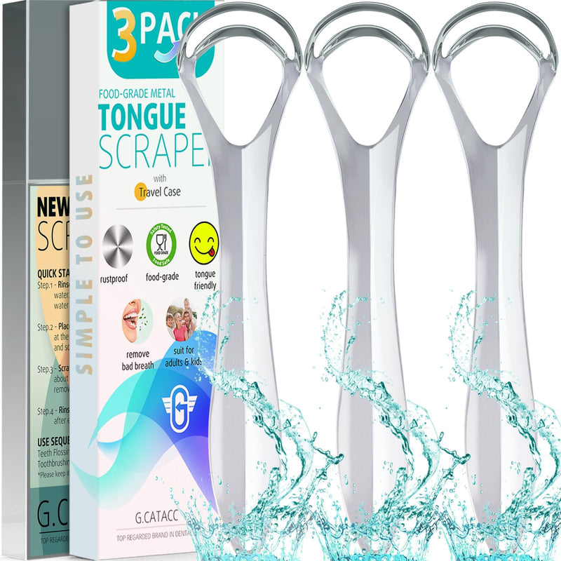 [Australia] - Tongue Scraper, Stainless Steel Tongue Scraper for Kids & Adults, Metal Tongue Scraper with Travel Case - 100% Remove Bad Breath - 3 Pack Tongue Scraper 3 Pack - Silver 
