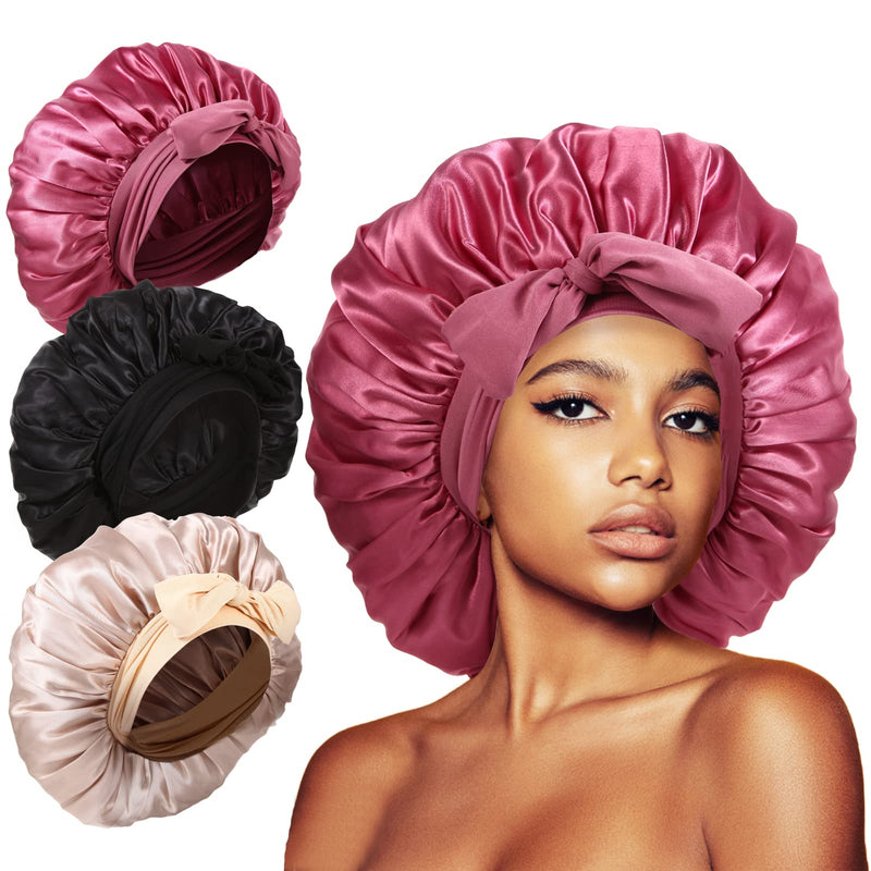 [Australia] - 3Pcs Bonnet for Sleeping, Extra Satin Silk Bonnet for Sleeping Women with Tie Band for Curly Hair Jumbo Bonnet Braids A-01-rose pink, black, champagne 