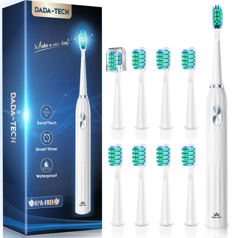 [Australia] - Electric Toothbrush for Adults Kids Electric Toothbrush Rechargeable Sonic Toothbrush Ultrasonic Toothbrush with Timer, 9 Brush Heads, 5 Cleaning Modes 4-Hour Charge Lasts 60 Days (New White) White With Silver Button 