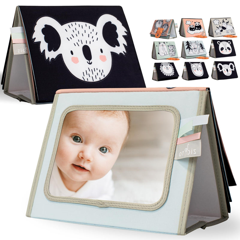 [Australia] - Soft Tummy Time Book w/ Large Stimulating Baby Safe Mirror - Fun High Contrast Montessori Toy w/ Mirror, Crinkle Filling & Silicone Teether - The Perfect Toy For Safe Early Newborn/Infant Development 