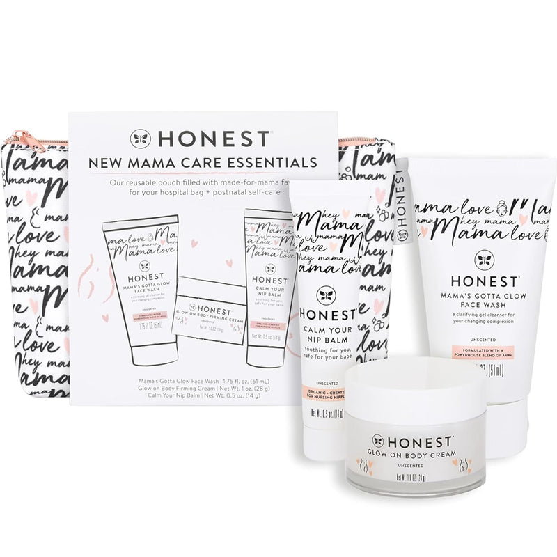[Australia] - The Honest Company New Mama Care Essentials Gift Set | Hospital Bag Must Haves | Travel Size Nip Balm (0.5 oz), Glow On Body Cream (1 oz), Gotta Glow Face Wash (1.75 fl oz), Reusable Pouch New Mama Mini Essentials Set 