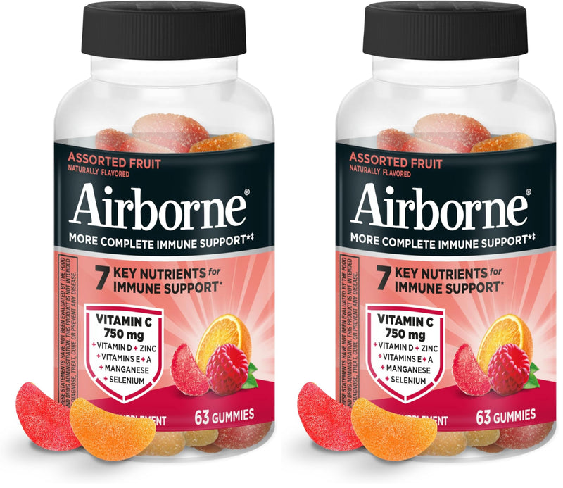 Airborne Vitamin C 750mg (per Serving) - Assorted Fruit Gummies (63 Count in a Bottle), Gluten-Free Immune Support Supplement with Vitamins C E, Selenium (Pack of 2) 63 Count (Pack of 2)