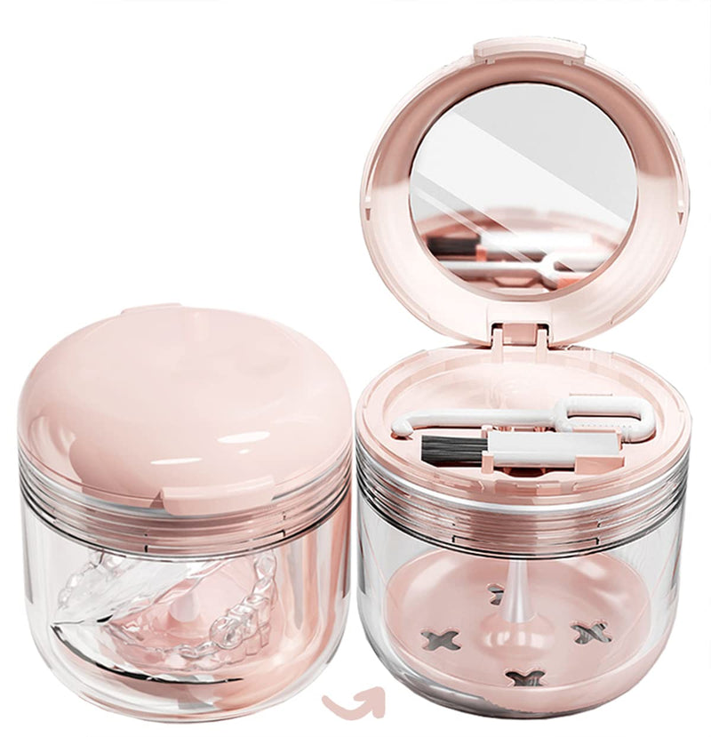 [Australia] - MURRI&MURRDI Retainer Case, Denture Bath Box with Strainer Basket, Mouth Guard Case, Braces Cleaner Cup, Cute Denture Holder Retainer Storage Soak Container for Travel (Pink) Pink 