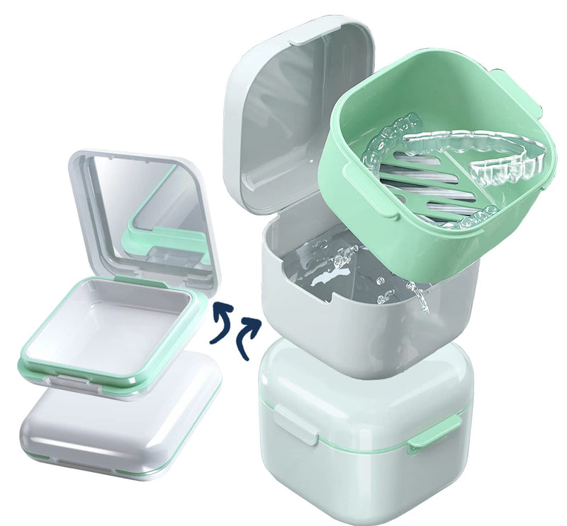 [Australia] - MURRI&MURRDI Retainer Case 2 Pack, Denture Case with Mirror, Denture Bath Box with Strainer Basket, Cute Denture Holder Retainer Storage Soak Container for Travel, Braces Cleaner Kit (C White) C White 